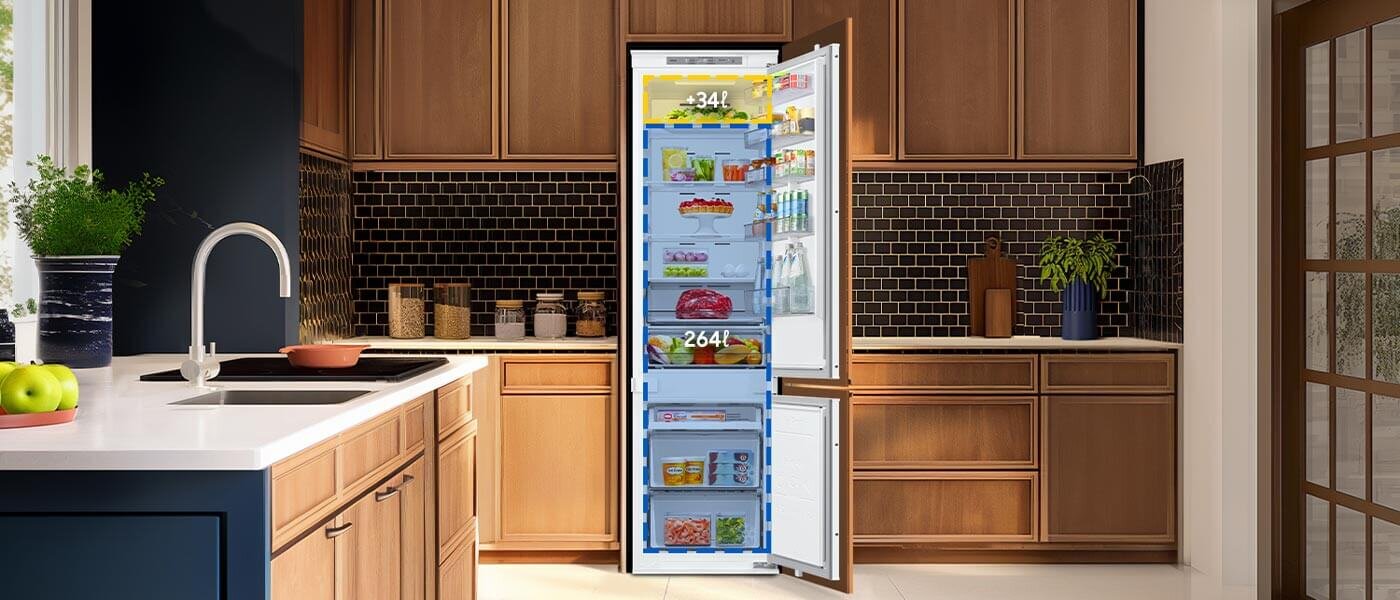 lodówka do zabudowy brb70f30bes0eo o wysokości 198 cm z oferty Media Expert oferuje o 34 l większą pojemność 