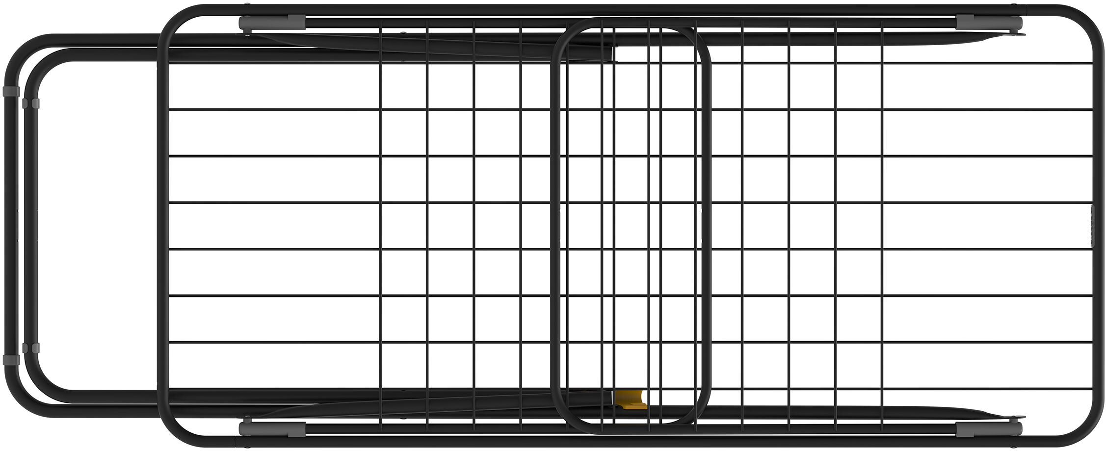 Czarna suszarka na pranie z metalowymi prętami ułożonymi w prostokątny wzór. Widok z góry pokazuje konstrukcję z dodatkowymi elementami w kolorze żółtym.