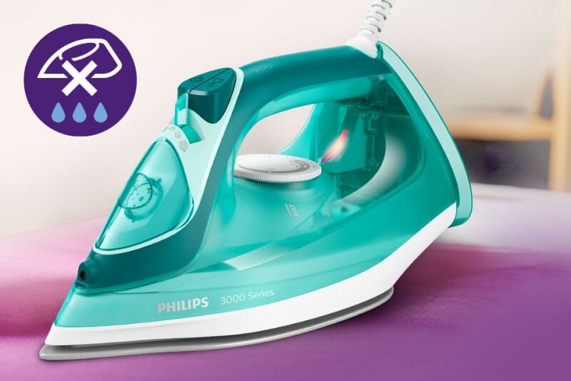 Żelazko w kolorze turkusowym z widocznym logo PHILIPS 3000 Series. Obok znajduje się ikona przedstawiająca przekreślony symbol wody i trzy krople.