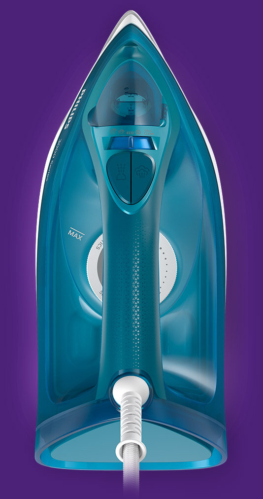 Żelazko w kolorze niebieskim z widocznym logo \'PHILIPS\' na tle fioletowym. Na uchwycie znajduje się przycisk oraz pokrętło z oznaczeniem \'MAX\'.