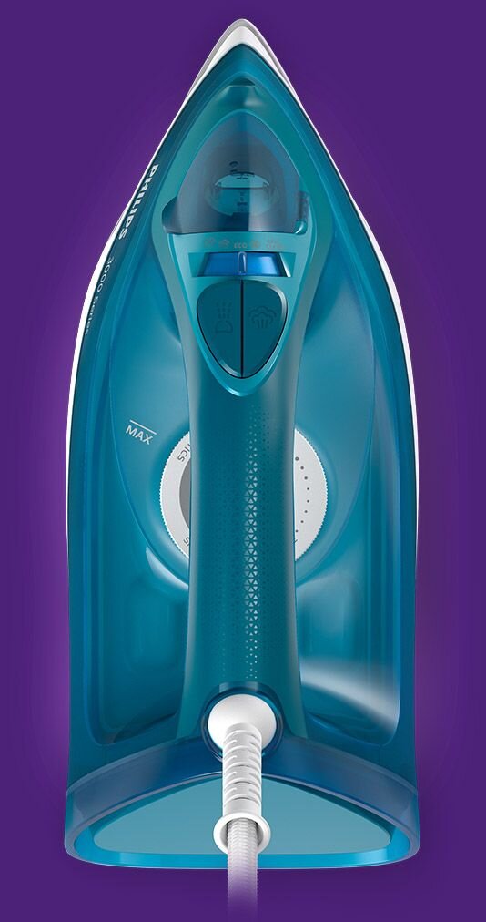 Zdjęcie przedstawia żelazko w kolorze niebieskim z widocznym logo \'PHILIPS\' na tle fioletowym. Na uchwycie znajduje się pokrętło z oznaczeniem \'MAX\'.