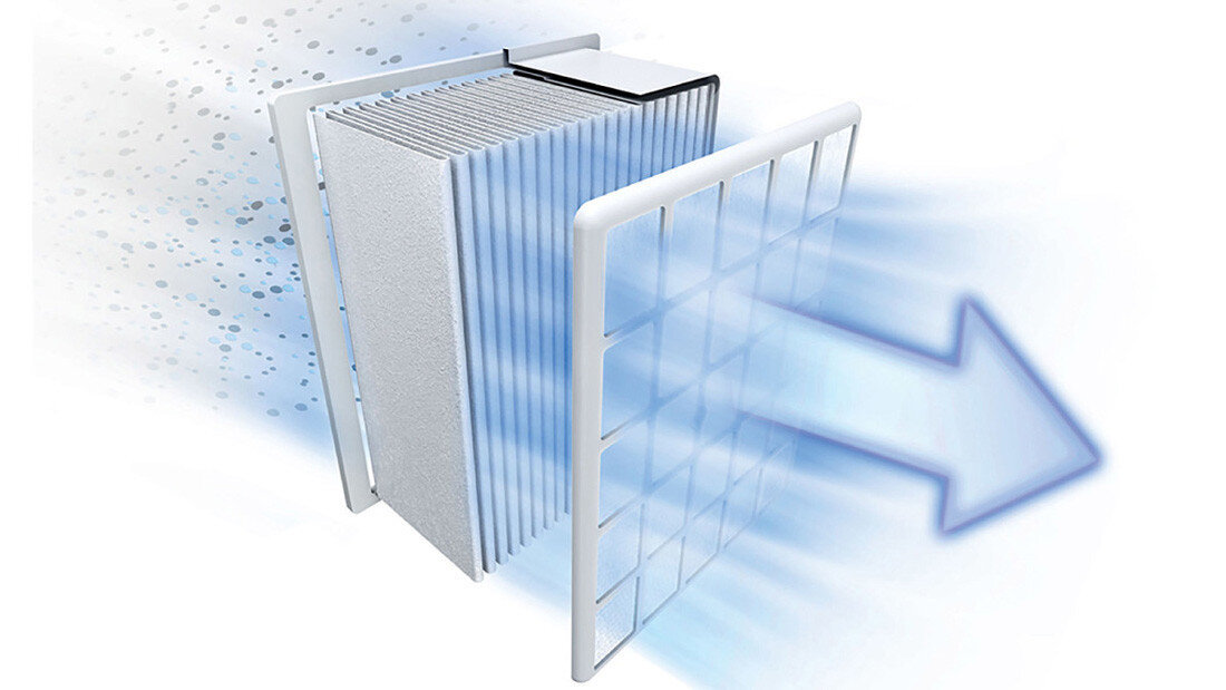 Ilustracja przedstawia filtr powietrza z widocznym przepływem powietrza zaznaczonym niebieską strzałką. W tle widać drobne cząsteczki unoszące się w powietrzu.