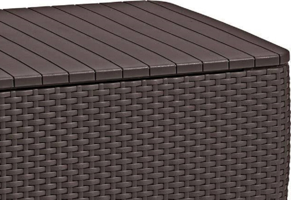 Obraz przedstawia fragment mebla ogrodowego z plecionką w kolorze grafitowym. Górna część ma gładką powierzchnię z wyraźnymi liniami podziału.