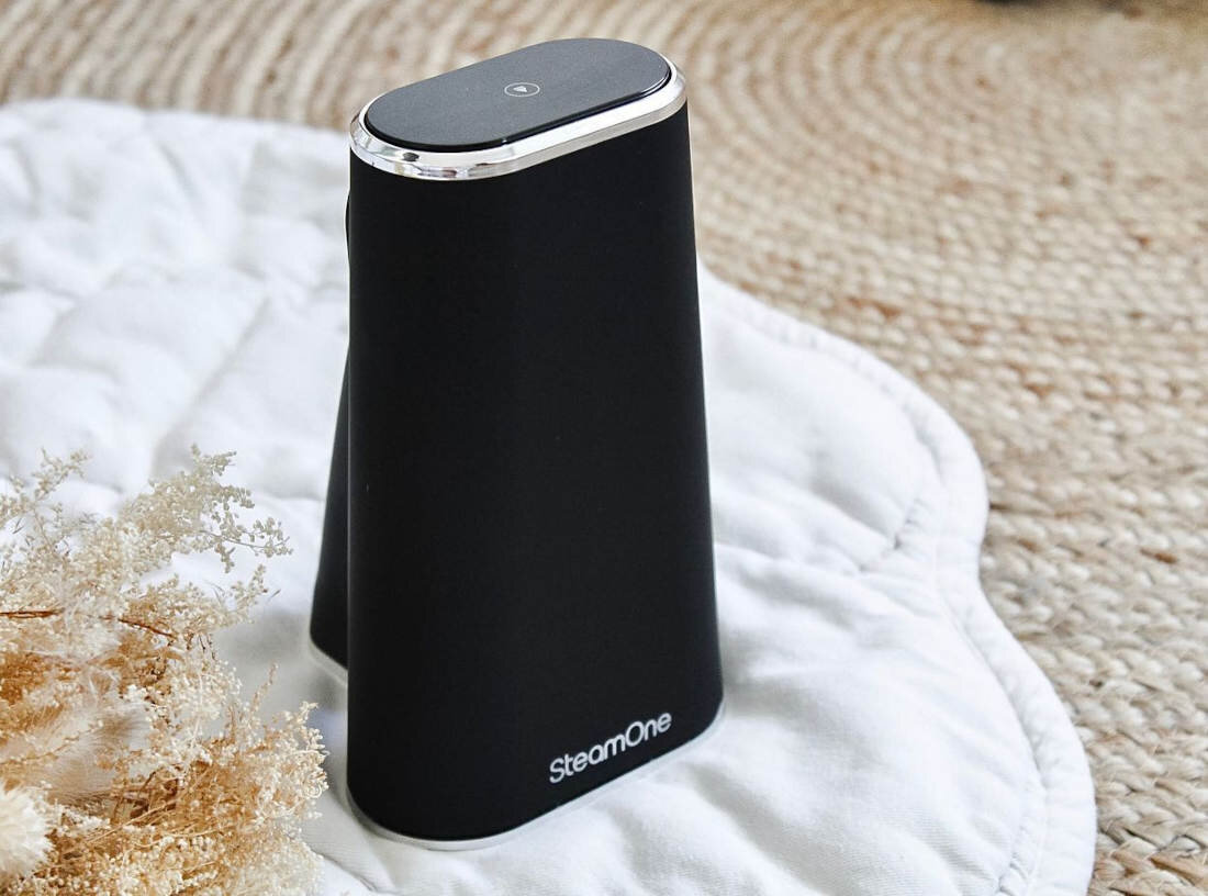 Czarna parownica do ubrań z logo \'SteamOne\' stoi na białej powierzchni. W tle widoczne są suche rośliny i tekstura dywanu.