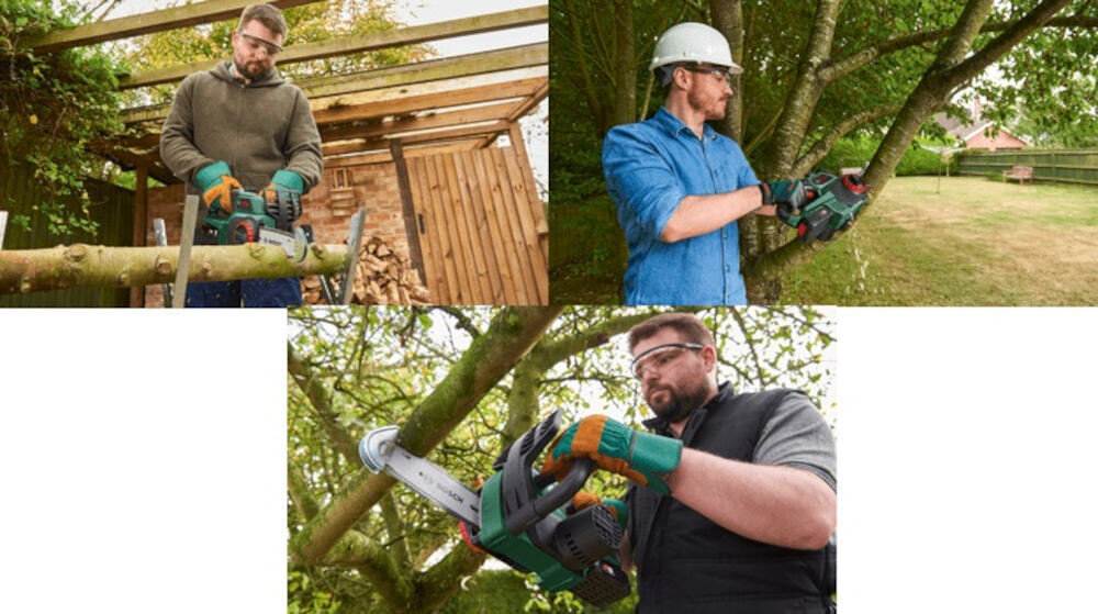 Trzy osoby używają akumulatorowej piły łańcuchowej do cięcia gałęzi drzew. Każda osoba nosi rękawice ochronne, a jedna z nich ma na sobie kask ochronny.