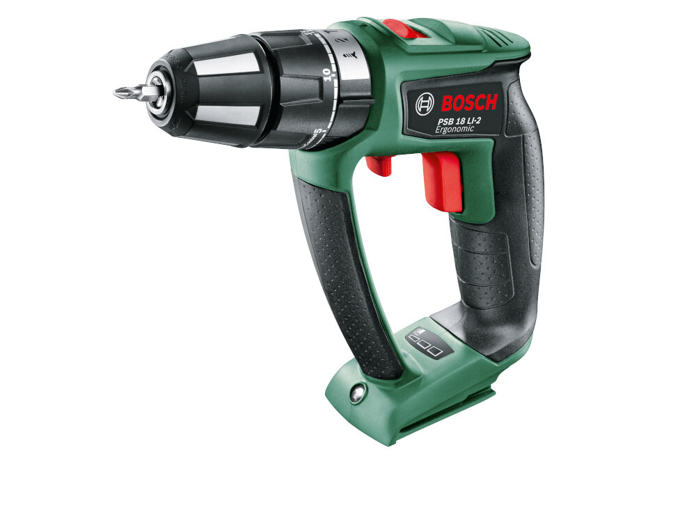 Wiertarko-wkrętarka BOSCH PSB 18 LI-2 Ergonomic bezszczotkowy silnik Li-Ion o napięciu 18 V maksymalny moment obrotowy 32 Nm technologia litowo-jonowa
