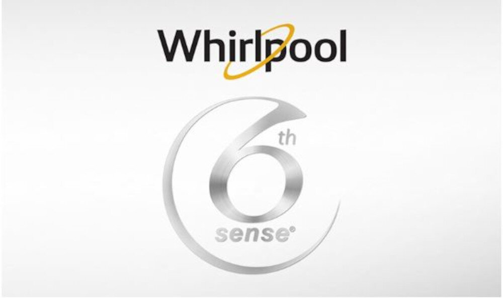 Logo Whirlpool z napisem \'6th sense\' w srebrnym kolorze na białym tle.