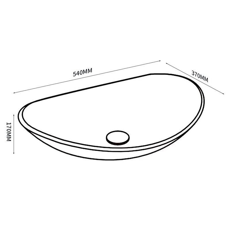 Schemat umywalki nablatowej o owalnym kształcie z wymiarami: 540 mm szerokości, 370 mm głębokości i 170 mm wysokości.