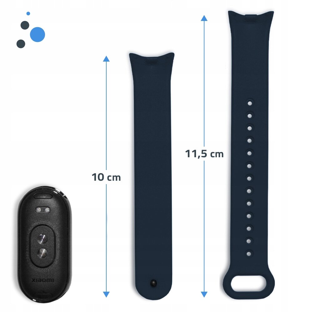 Obraz przedstawia dwa ciemnoniebieskie paski do smartband\'a oraz moduł urządzenia. Na paskach widoczne są wymiary: 10 cm i 11,5 cm.