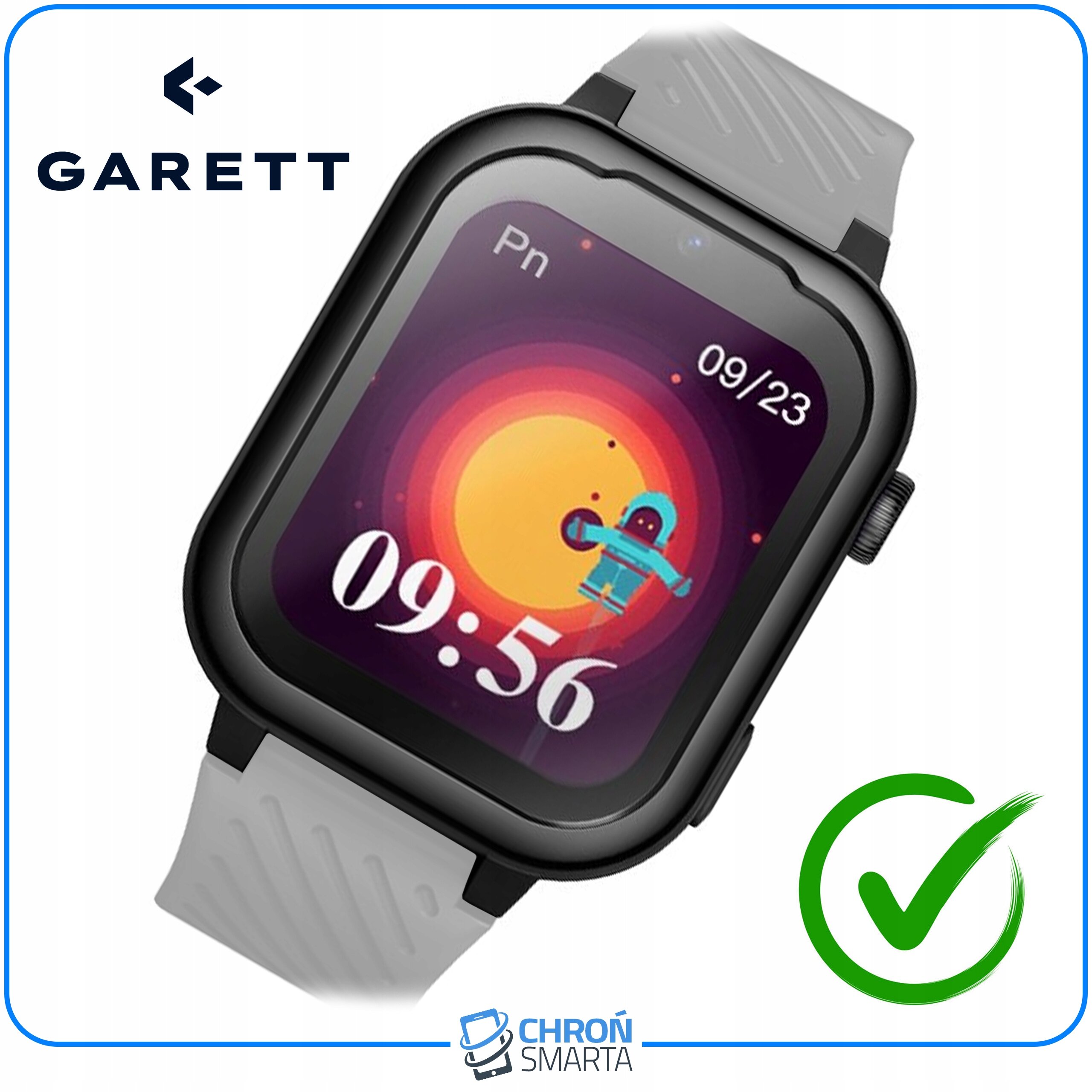 Smartwatch z szarym paskiem wyświetla kolorową grafikę z postacią na tle słońca oraz czas 09:56. Widoczne są logotypy \'GARETT\' i \'CHROŃ SMARTA\'.