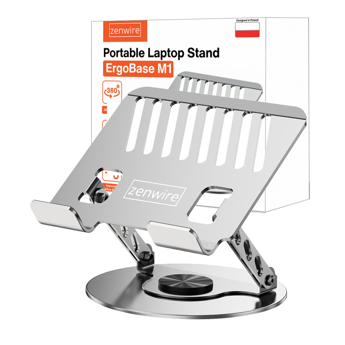 Na obrazie widoczna jest metalowa podstawka pod laptopa z logo \'zenwire\', posiadająca otwory wentylacyjne i regulowane ramię. W tle znajduje się pudełko z napisem \'Portable Laptop Stand ErgoBase M1\'.