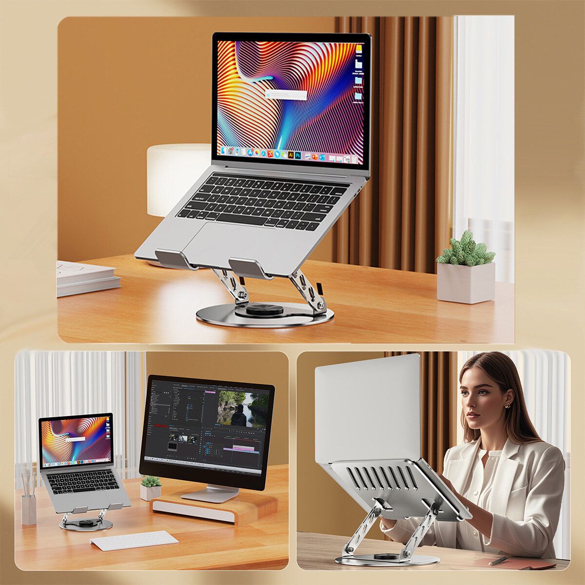 Obraz przedstawia regulowaną podstawkę pod laptopa z chłodzeniem, na której umieszczony jest laptop. W tle widać biurko z lampką, książkami i rośliną w doniczce.