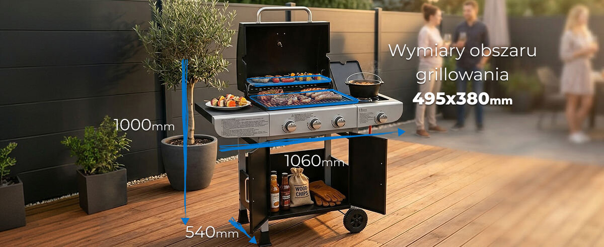 Wymiary grilla gazowego Ravanson GO-3: wysokość 1000 mm, szerokość 1060 mm, głębokość 540 mm oraz obszar grillowania 495 na 380 mm.