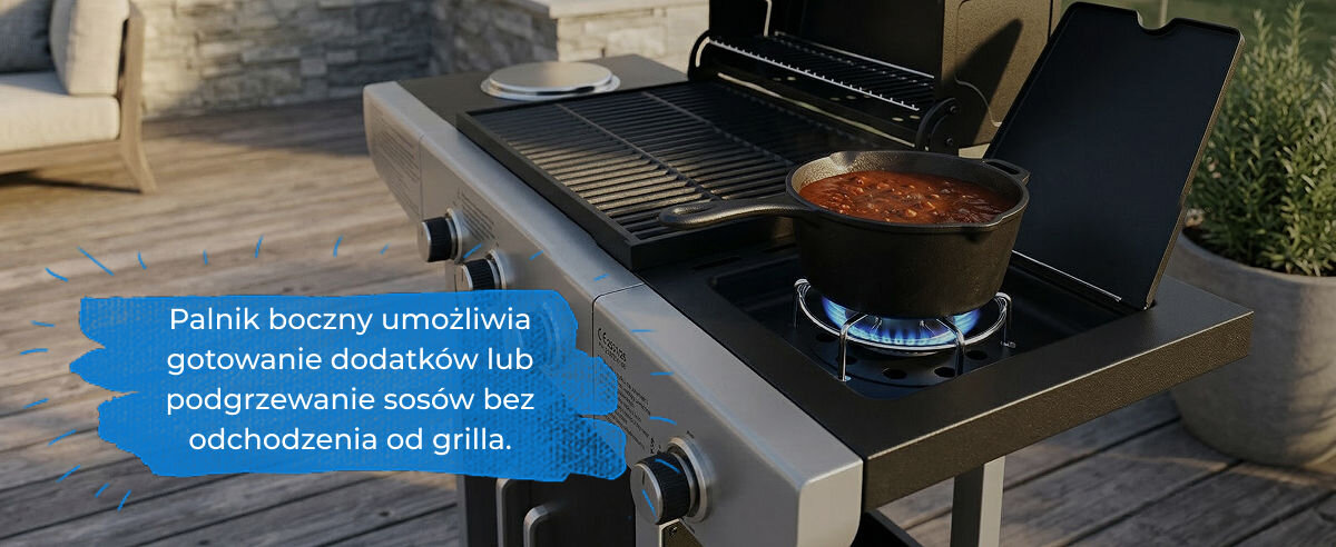 Palnik boczny grilla gazowego Ravanson z postawionym garnkiem, umożliwiający gotowanie dodatków i sosów.