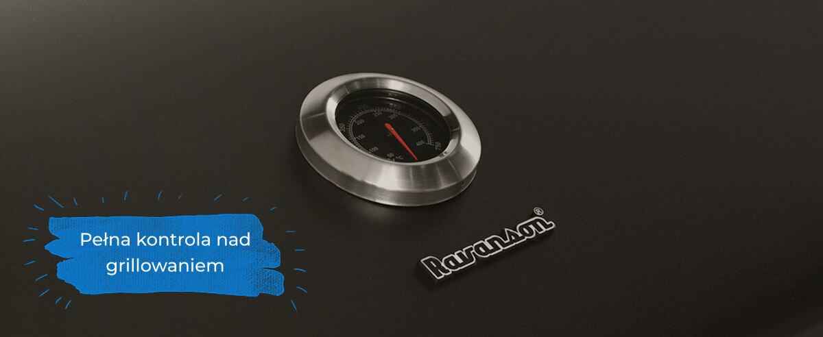 Wbudowany w pokrywę grilla Ravanson termometr analogowy ze skalą Celsjusza i Fahrenheita zapewniający kontrolę temperatury.