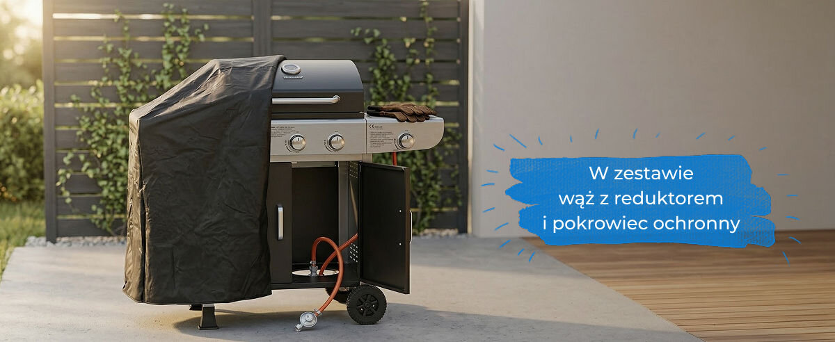 Grill gazowy Ravanson z akcesoriami: wąż z reduktorem, czarny pokrowiec ochronny oraz rękawice grillowe.