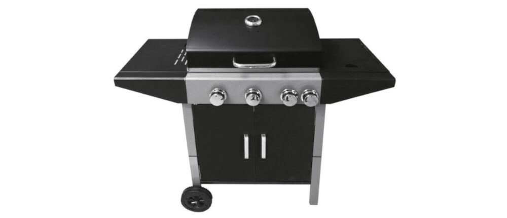 Czarny grill gazowy z czterema pokrętłami i zamykanym schowkiem na dole. Posiada dwa boczne blaty i termometr na pokrywie.