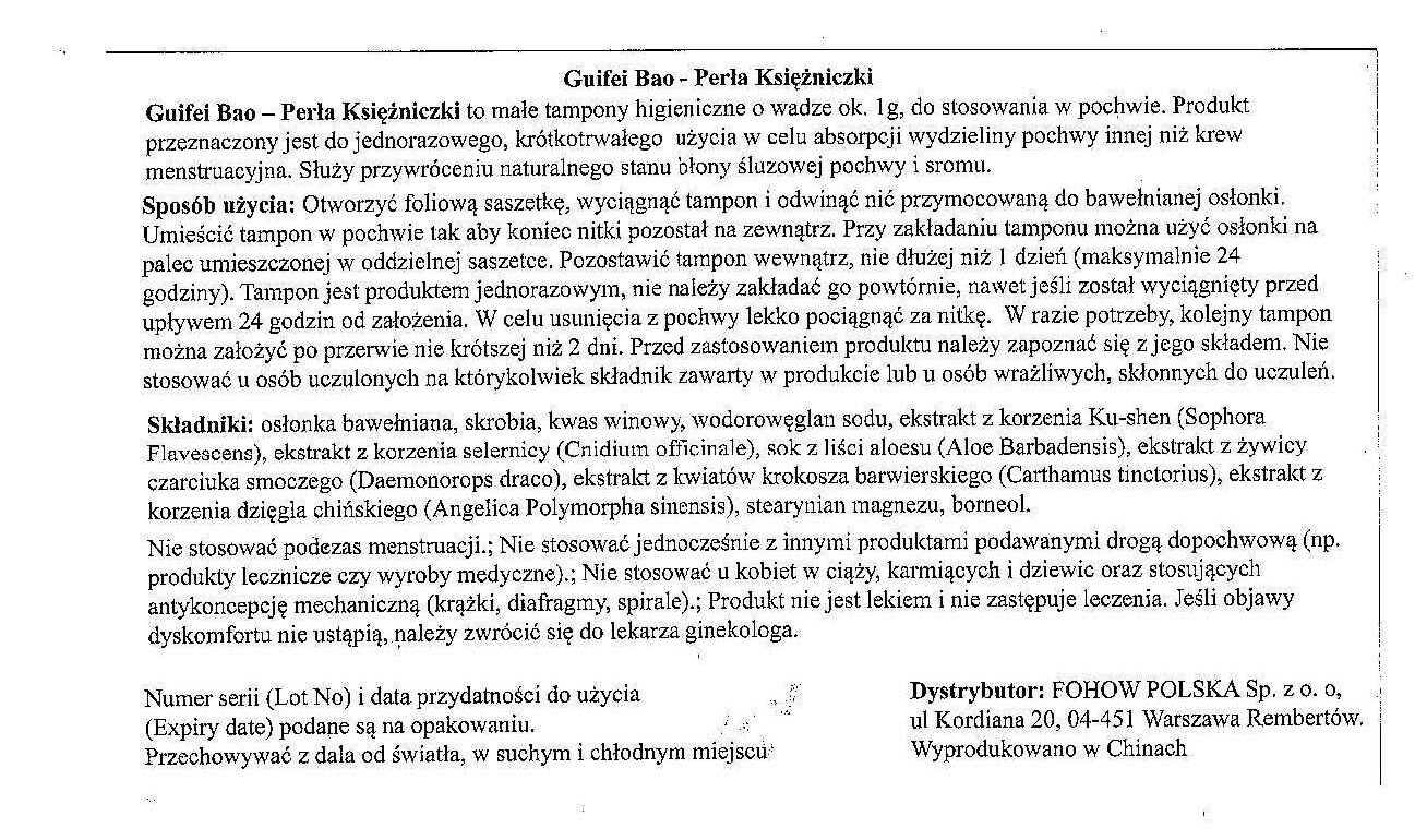 Obraz przedstawia ulotkę produktu \'Guifei Bao - Perła Księżniczki\', opisującą jego zastosowanie, sposób użycia oraz składniki. Dystrybutorem jest FOHOW POLSKA Sp. z o.o., a produkt wyprodukowano w Chinach.