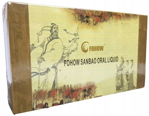 Opakowanie produktu Fohow Sanbao Oral Liquid z widocznym logo \'FOHOW\' oraz ilustracjami postaci w stylu tradycyjnej sztuki chińskiej. Tło jest w odcieniach złota z dekoracyjnymi wzorami.