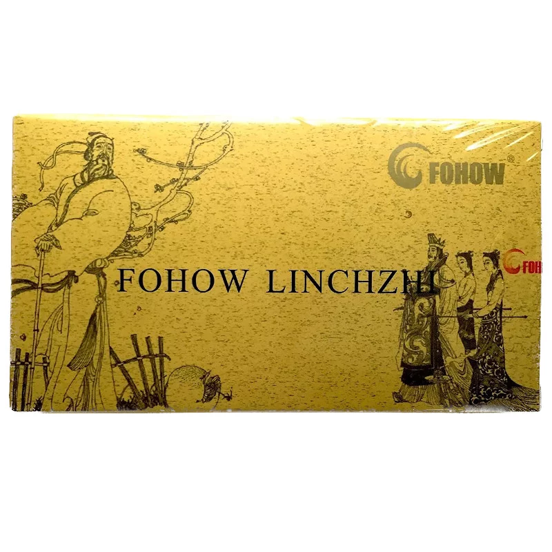 Opakowanie produktu Fohow Linchzhi z ilustracjami postaci w tradycyjnych strojach. Widoczny tekst: \'FOHOW LINCHZHI\' oraz logo \'FOHOW\'.