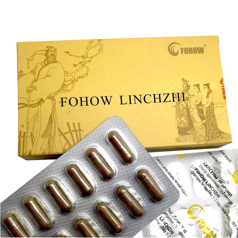 Opakowanie produktu Fohow Linchzhi z widocznym logo Fohow oraz ilustracją postaci. Przed opakowaniem znajduje się blister z kapsułkami.