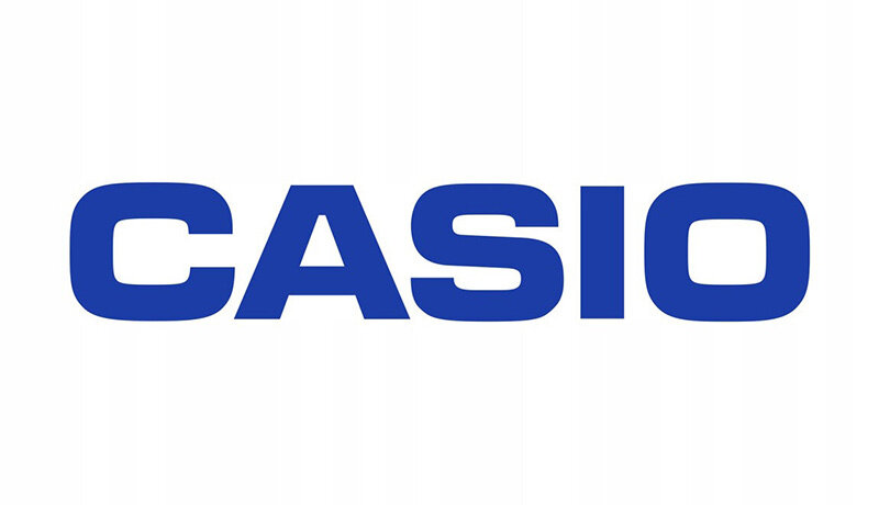 Logo z napisem \'CASIO\' w kolorze niebieskim na białym tle.