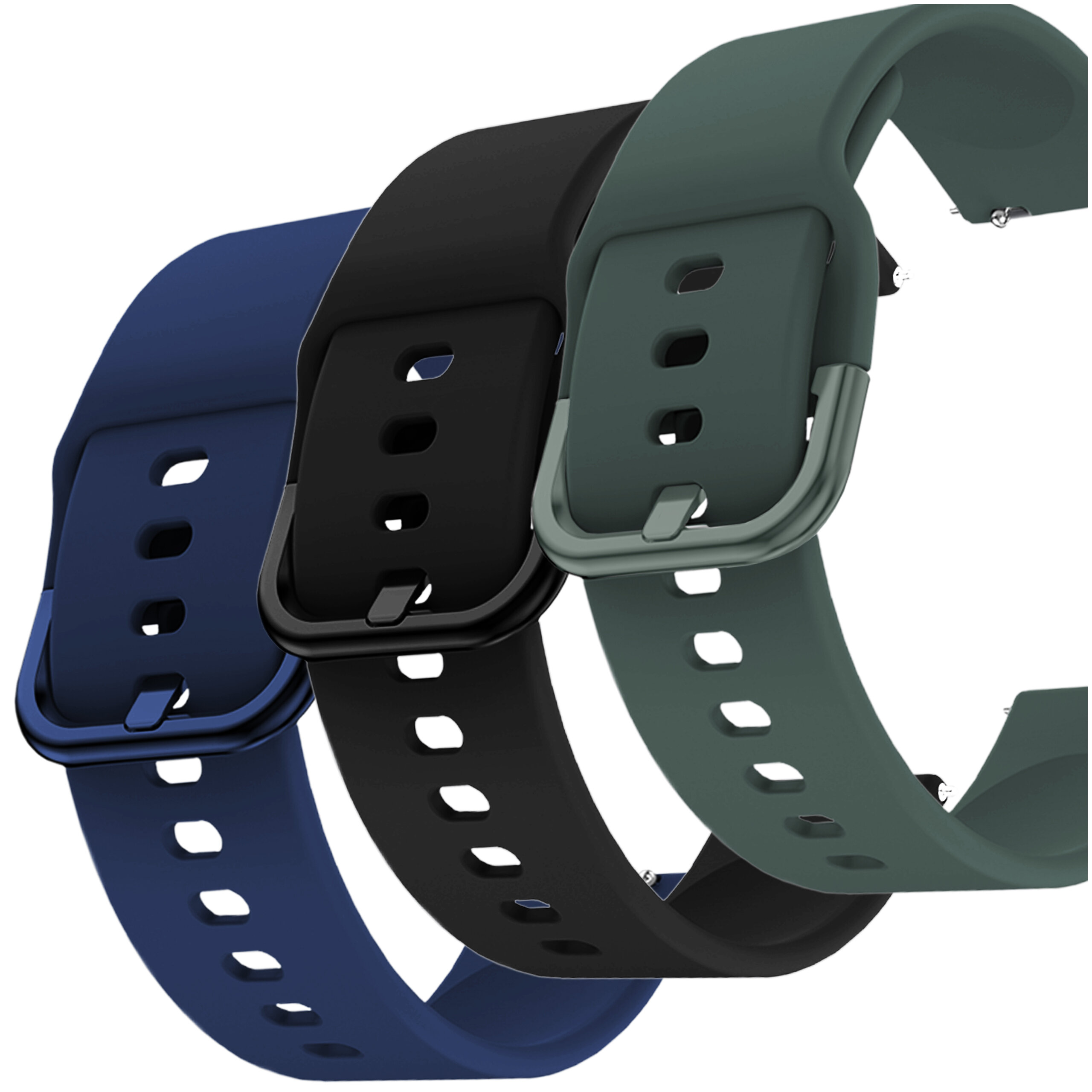 Trzy paski do smartwatcha w kolorach granatowym, czarnym i zielonym, każdy z prostokątnymi otworami i metalową klamrą. Paski są przeznaczone do zegarków Garmin Forerunner 255S, 265S, Venu 2S, 3S, Vivoactive 4S.