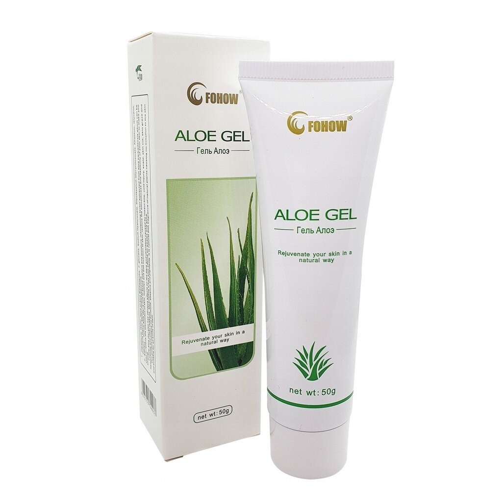 Na obrazie widoczna jest tubka żelu aloesowego marki Fohow oraz jej opakowanie. Na tubce i opakowaniu znajduje się napis \'FOHOW ALOE GEL\', a także grafika przedstawiająca liście aloesu.