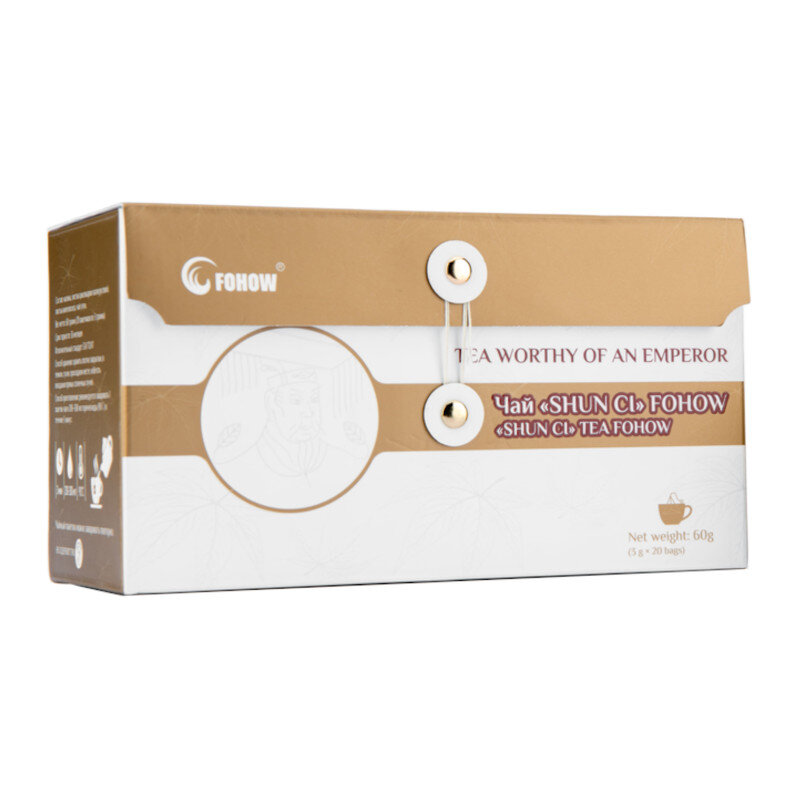 Opakowanie herbaty Fohow Shun Ci zawiera 20 torebek, z napisem \'TEA WORTHY OF AN EMPEROR\' oraz logo Fohow. Na opakowaniu widoczny jest również rysunek postaci i informacja o wadze netto: 60g (3g x 20 bags).