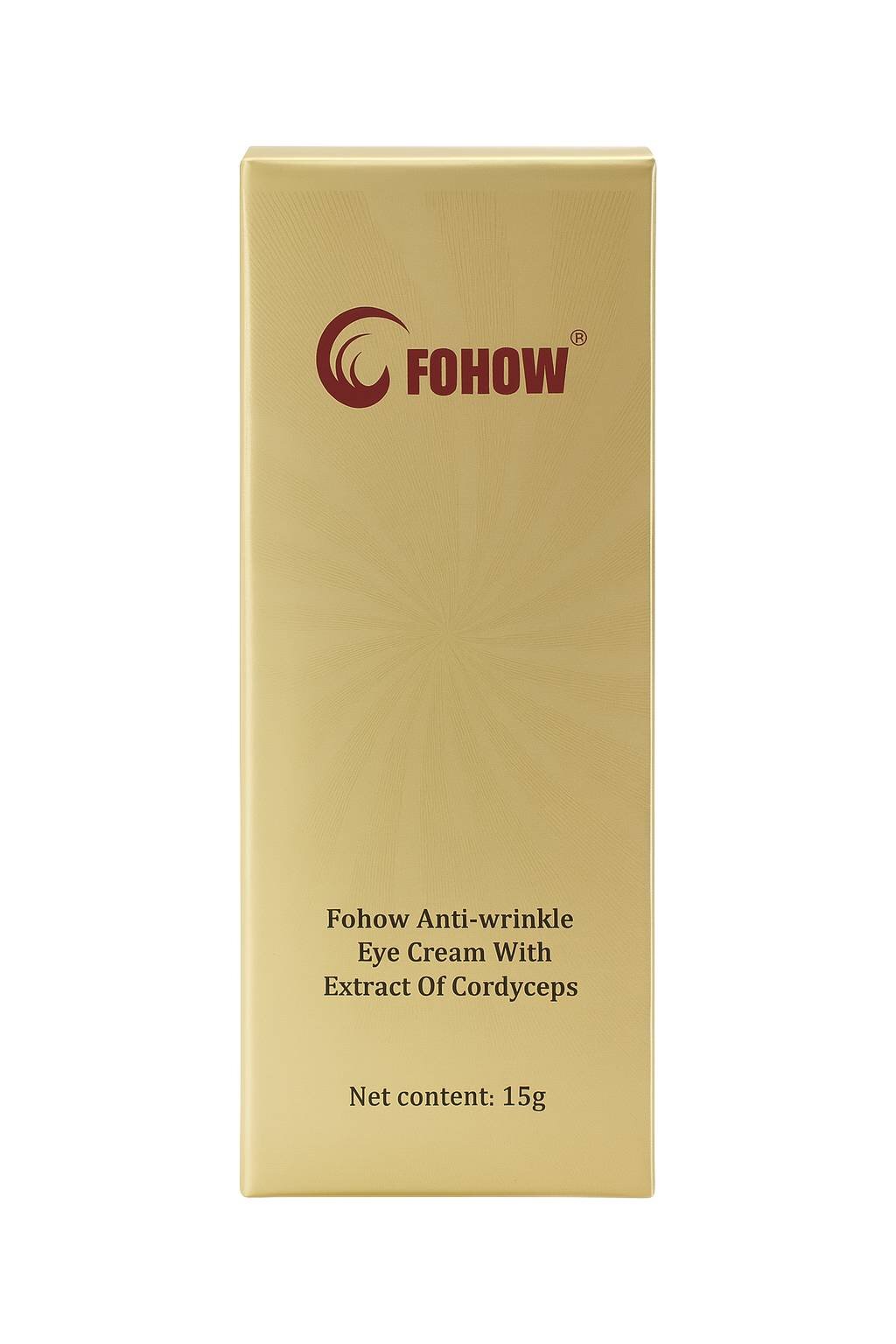 Złote opakowanie z logo \'FOHOW\' w kolorze bordowym. Tekst na opakowaniu: \'Fohow Anti-wrinkle Eye Cream With Extract Of Cordyceps, Net content: 15g\'.