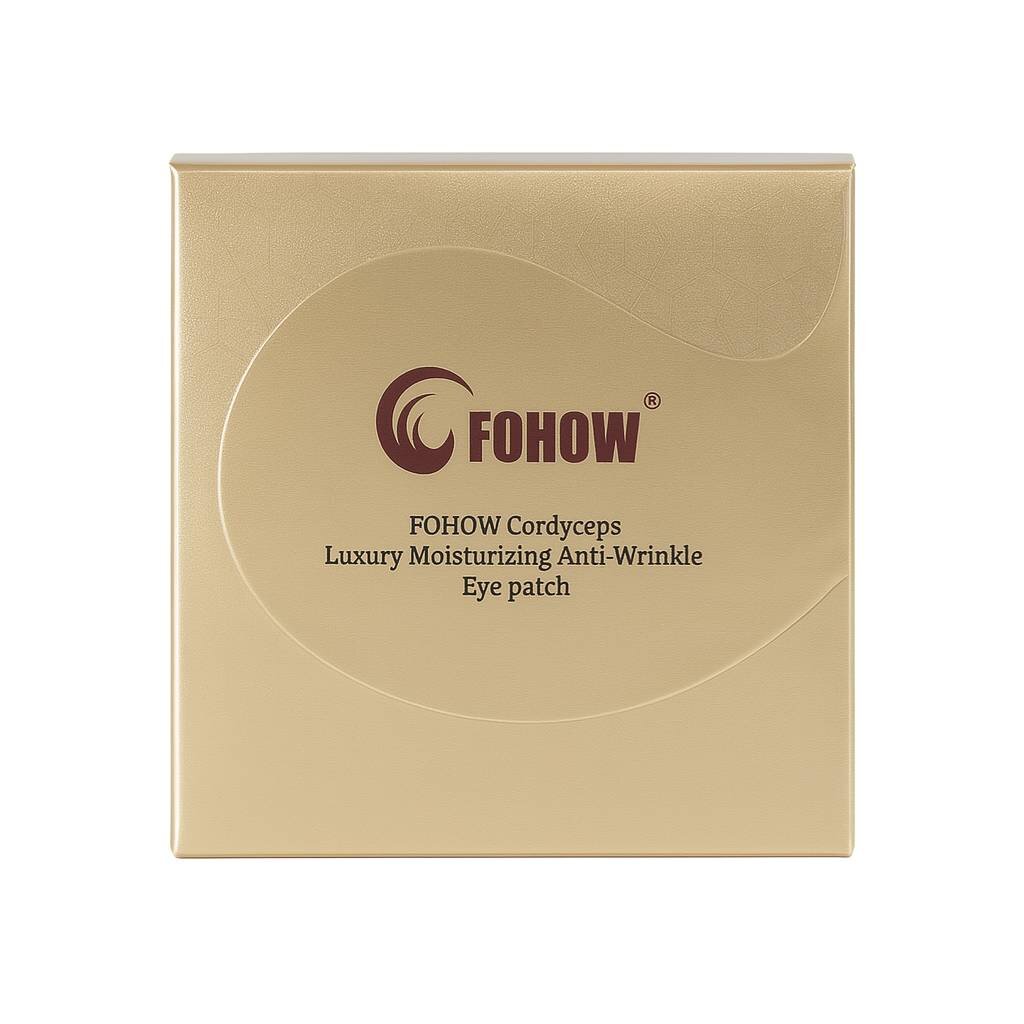 Złote opakowanie z logo FOHOW i napisem: \'FOHOW Cordyceps Luxury Moisturizing Anti-Wrinkle Eye patch\'.