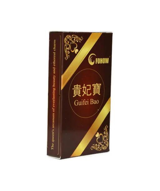 Opakowanie produktu Fohow Guifei Bao w kolorze brązowym z złotymi zdobieniami i napisami. Widoczny tekst: \'The queen\'s secret of everlasting beauty and ethereal charm\'.