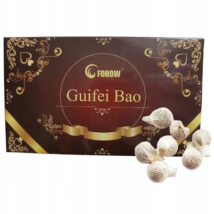 Opakowanie produktu z napisem \'FOHOW Guifei Bao\' ozdobione złotymi wzorami. Obok opakowania znajduje się kilka białych, siateczkowych kulek.