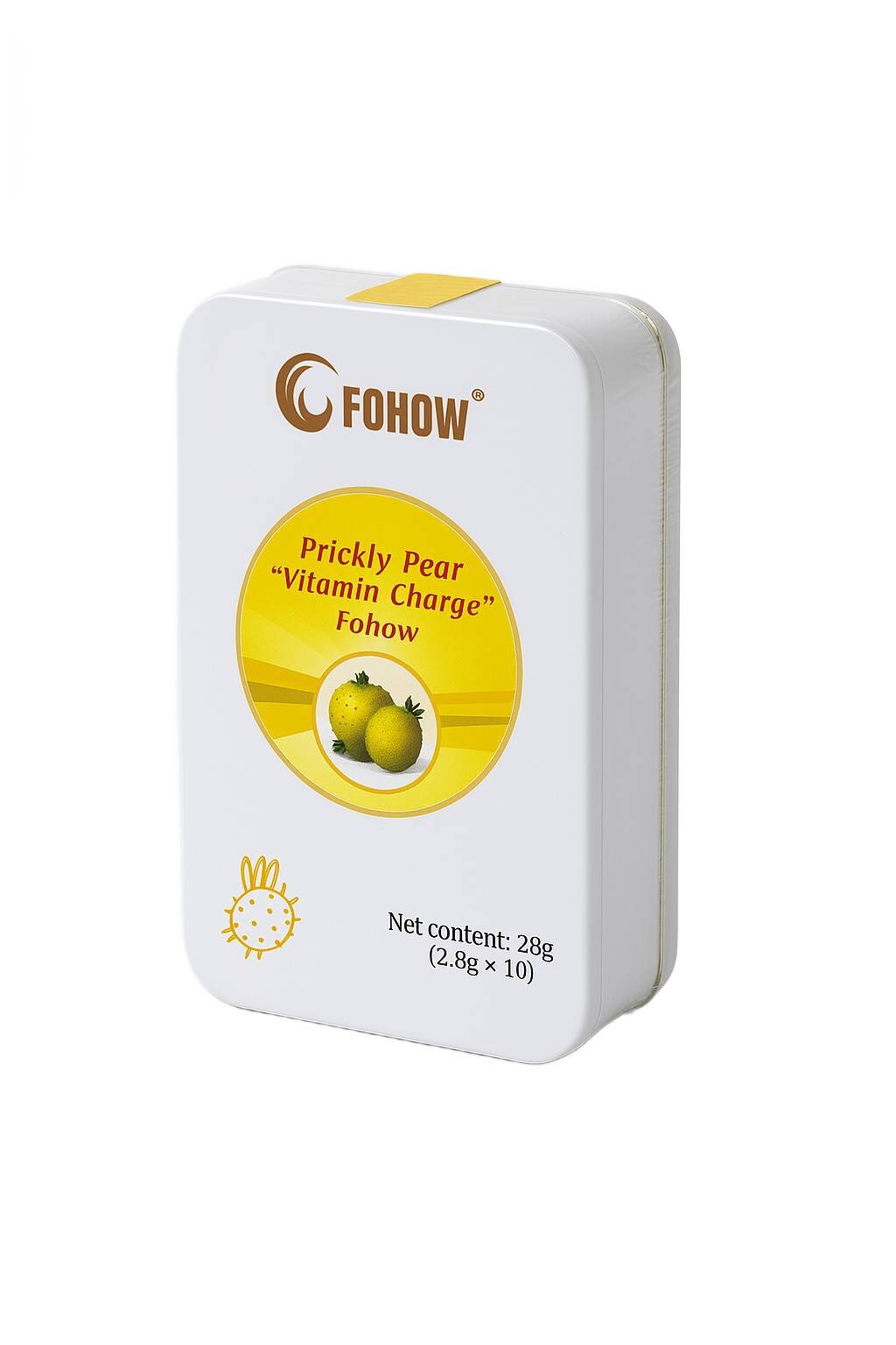 Białe opakowanie z logo \'Fohow\' i napisem \'Prickly Pear \
