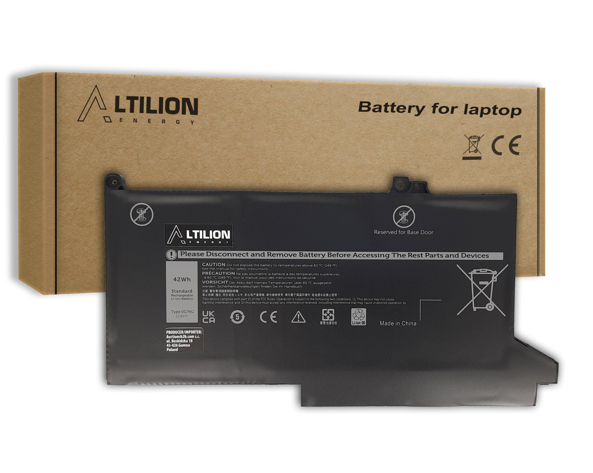 Na obrazie widoczna jest bateria z logo \'Altilion Energy\' oraz kartonowe opakowanie z napisem \'Battery for laptop\'. Na baterii znajdują się informacje techniczne, symbole certyfikacji oraz ostrzeżenia w kilku językach.