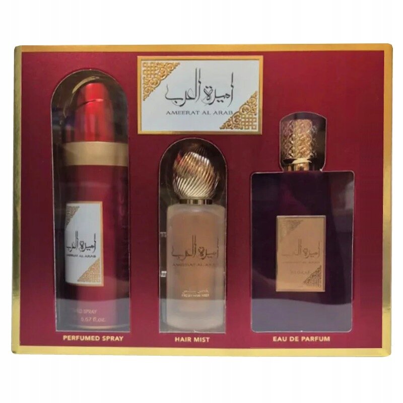 Zestaw trzech produktów w eleganckim opakowaniu: perfumowany spray, mgiełka do włosów i woda perfumowana, każdy z etykietą \'Ameerat Al Arab\'. Opakowanie ma bordowy kolor z złotymi akcentami i przezroczystymi okienkami na produkty.
