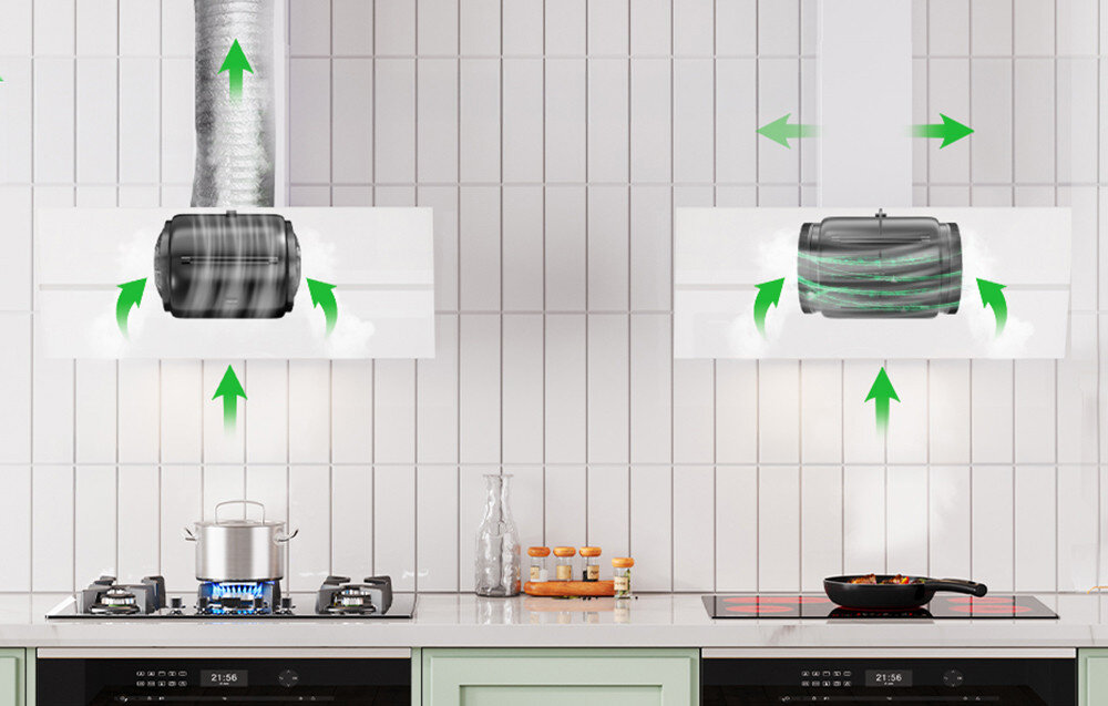 Na obrazie widać dwa okapy kuchenne zamontowane nad kuchenkami, z których jeden jest podłączony do rury wentylacyjnej. Zielone strzałki wskazują kierunek przepływu powietrza.