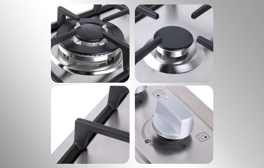 Obraz przedstawia cztery zbliżenia na elementy płyty gazowej, w tym palniki z metalowymi rusztami oraz pokrętło z oznaczeniami. Powierzchnia płyty jest metaliczna, a pokrętło ma srebrny kolor.