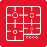 Ikona przedstawia schemat płyty gazowej z czterema palnikami i pokrętłami, na czerwonym tle.