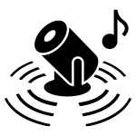 Czarny piktogram przedstawiający projektor emitujący fale dźwiękowe, z nutą muzyczną obok.