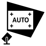Czarny symbol przedstawiający projektor skierowany w stronę ekranu z napisem \'AUTO\' i czterema plusami w rogach.