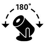 Czarny symbol projektora z możliwością obrotu o 180 stopni, przedstawiony na białym tle.