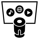 Czarny, cylindryczny projektor skierowany w stronę ekranu, na którym widoczne są ikony: nuta, globus i trójkąt wskazujący odtwarzanie. Projektor jest przedstawiony w formie graficznej, bez szczegółowych detali.