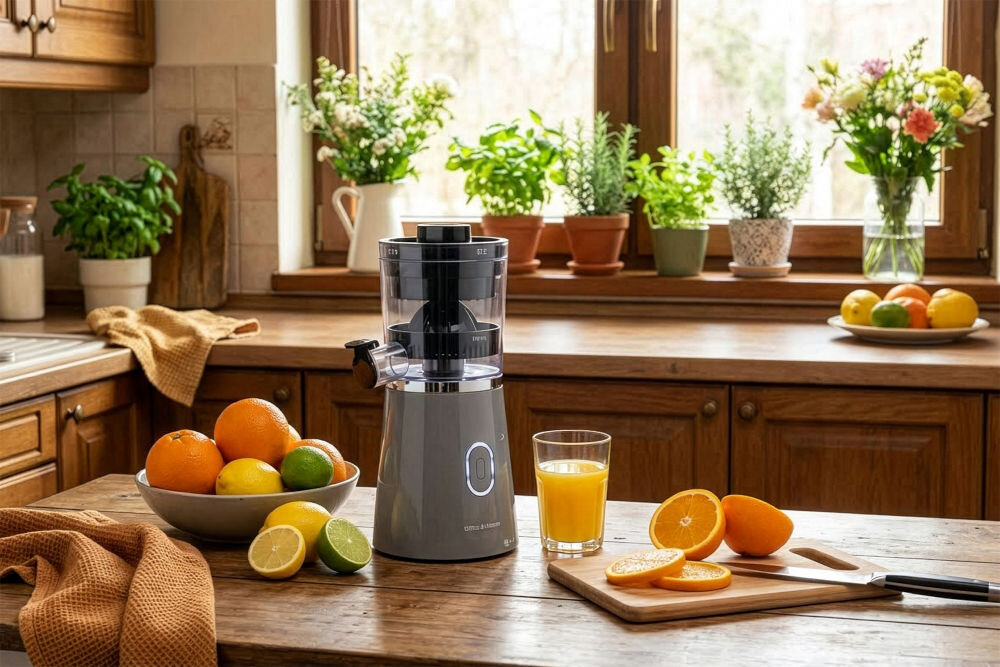 Na drewnianym blacie kuchennym stoi wyciskarka do cytrusów GÖTZE & JENSEN CJ400T obok szklanki z sokiem pomarańczowym i deski z pokrojonymi pomarańczami. W tle widać doniczki z roślinami na parapecie oraz misę z owocami.