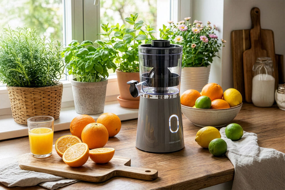 Na drewnianym blacie kuchennym stoi wyciskarka do cytrusów obok miski z owocami i szklanki soku pomarańczowego. W tle widoczne są doniczki z ziołami i kwiatami na parapecie.