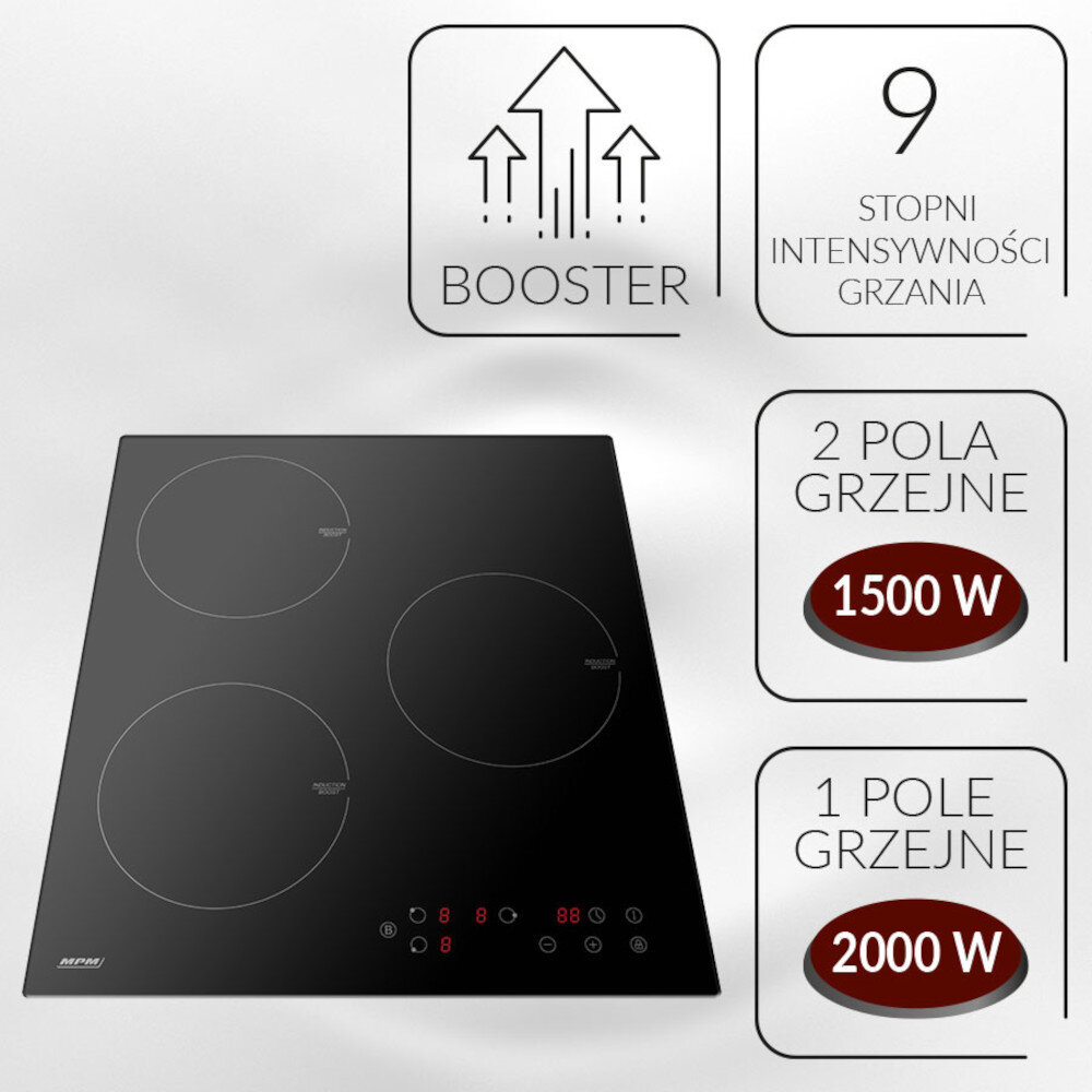 Obraz przedstawia płytę indukcyjną z trzema polami grzejnymi i panelem dotykowym. Widoczne są napisy: \'BOOSTER\', \'9 STOPNI INTENSYWNOŚCI GRZANIA\', \'2 POLA GRZEJNE 1500 W\', \'1 POLE GRZEJNE 2000 W\'.