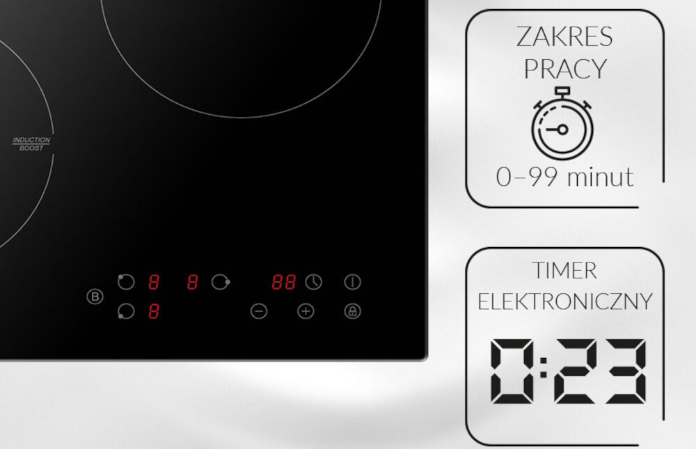 Czarna płyta indukcyjna z trzema polami grzewczymi i panelem dotykowym z czerwonymi wskaźnikami. Obok widoczny jest tekst: \'ZAKRES PRACY 0-99 minut\' oraz \'TIMER ELEKTRONICZNY 0:23\'.