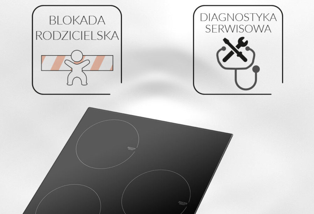 Obraz przedstawia płytę indukcyjną z trzema polami grzewczymi. Obok znajdują się ikony z napisami \'BLOKADA RODZICIELSKA\' i \'DIAGNOSTYKA SERWISOWA\'.