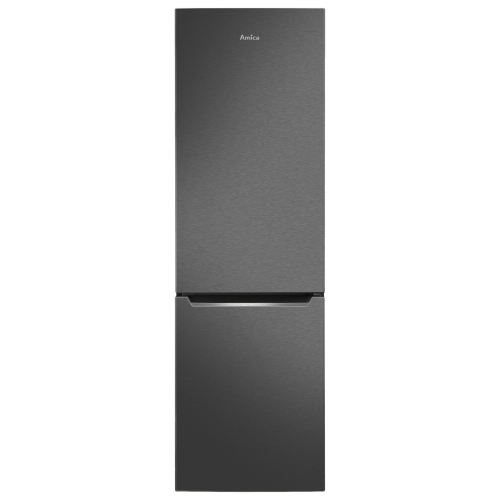 Lodówka w kolorze inox z logo \'Amica\' na górnych drzwiach. Posiada dwie sekcje: górną chłodziarkę i dolny zamrażalnik.