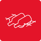 Czerwony kwadrat z białym konturem dwóch butelek leżących poziomo na kratce.